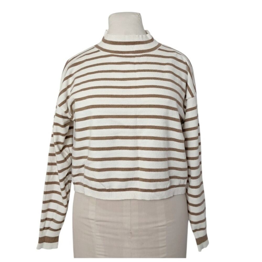 HAZEL MOON Striped Mock Neck Sweater Top Size M Cream Tan Cropped Knit Pullover